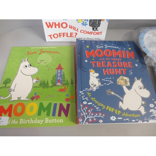 760 - Moomin books, apron and cereal set, some made in Finland