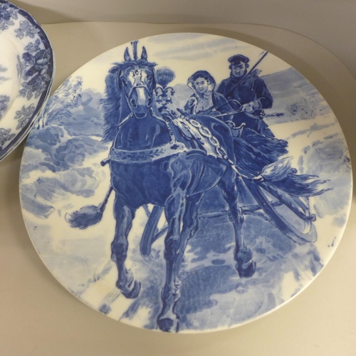 794 - Two blue and white chargers, two other plates and a vase