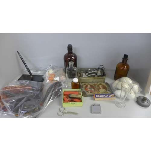 797 - Assorted items, glassware, desk stand, bottles, etc.