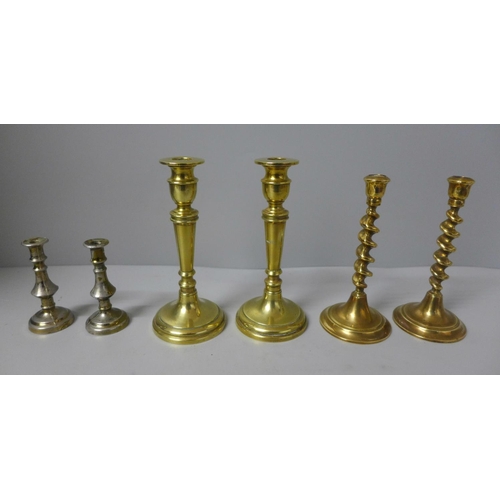 807 - Three pairs of small candlesticks