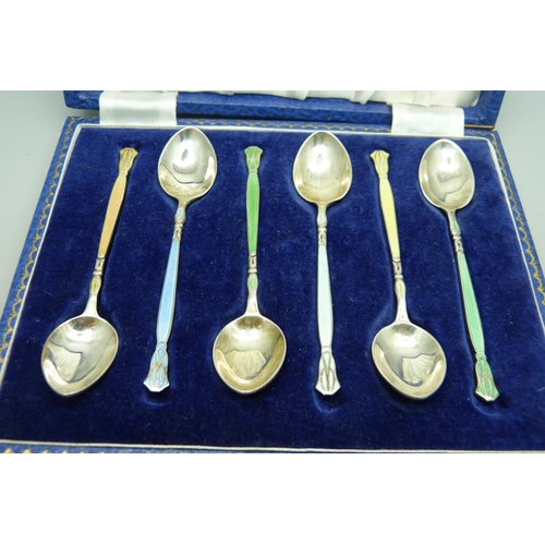 855 - A cased set of six Arts and Crafts silver and enamel spoons, 69g