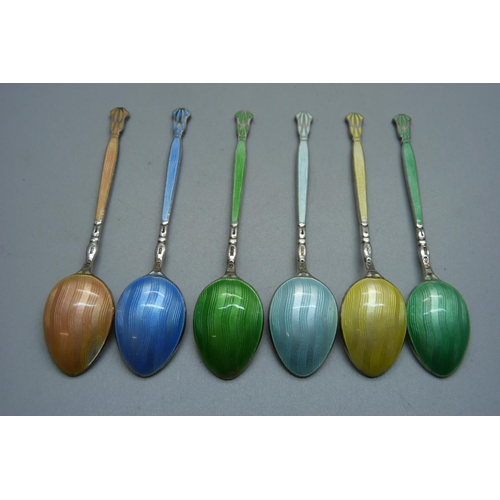 855 - A cased set of six Arts and Crafts silver and enamel spoons, 69g