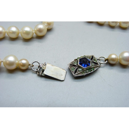 856 - A long string of large cultured pearls on a silver and paste clasp, approximately 82cm long, pearls ... 