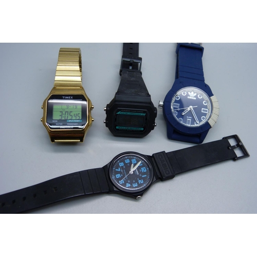 857 - Four wristwatches, 2x Casio, Timex digital and Adidas