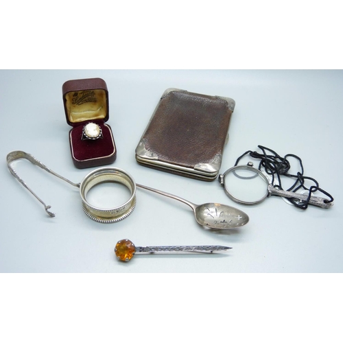 867 - A pair of Swedish silver lorgnettes, a silver mote spoon, a small pair of silver sugar bows, a silve... 