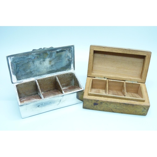 879 - A silver three section stamp box, Birmingham 1903, and a treen stamp box