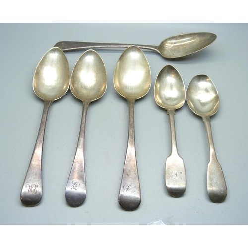 882 - Six 19th Century silver spoons, 357g