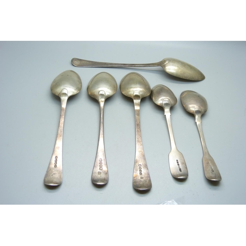 882 - Six 19th Century silver spoons, 357g