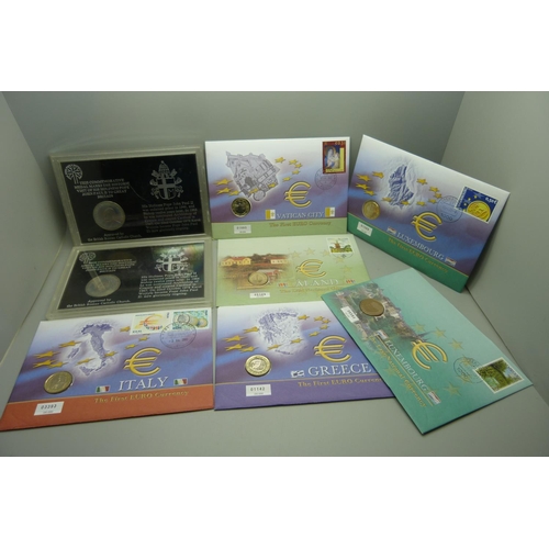 894 - Two Pope visit coins and five one Euro coins and one other coin