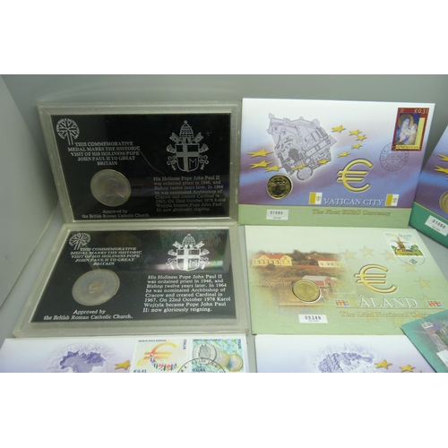 894 - Two Pope visit coins and five one Euro coins and one other coin