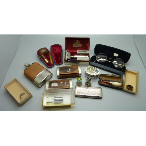 910 - A pair of rolled gold spectacles, plated box, two snuff boxes, hip flask, etc.