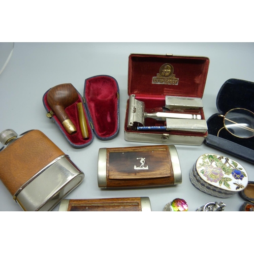 910 - A pair of rolled gold spectacles, plated box, two snuff boxes, hip flask, etc.