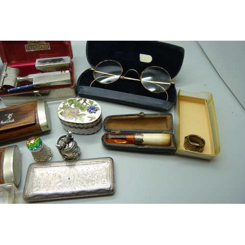 910 - A pair of rolled gold spectacles, plated box, two snuff boxes, hip flask, etc.