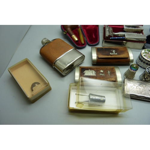 910 - A pair of rolled gold spectacles, plated box, two snuff boxes, hip flask, etc.