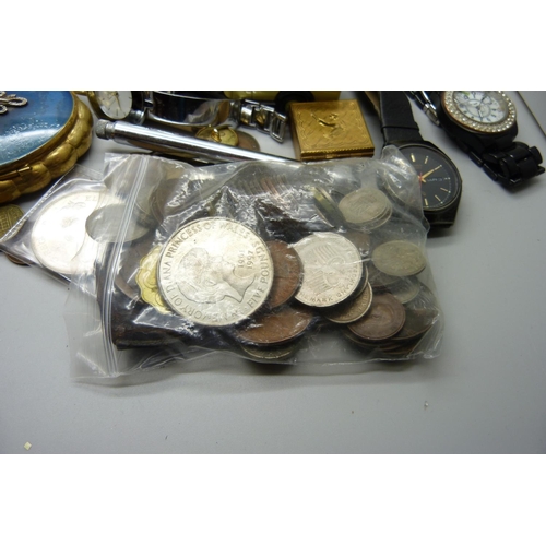 912 - Coins, watches including Citizen, pots, etc.