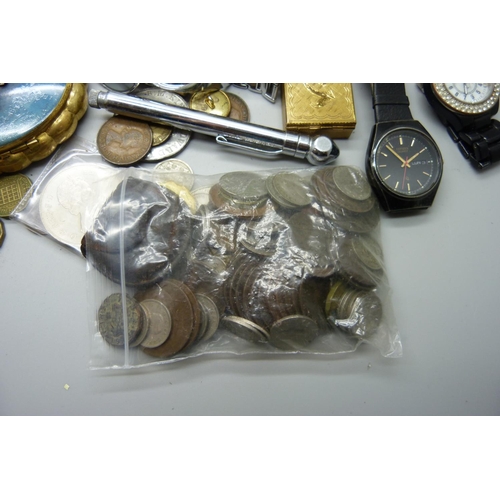 912 - Coins, watches including Citizen, pots, etc.