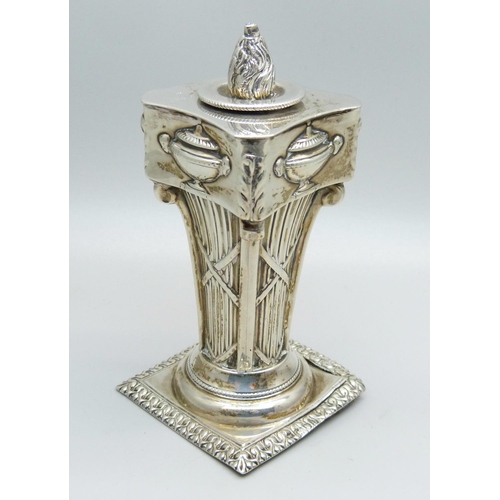 923 - A white metal Corinthian column candlestick, 11cm with stopper