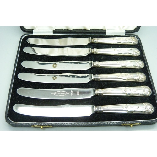 925 - A cased set of six silver handled knives