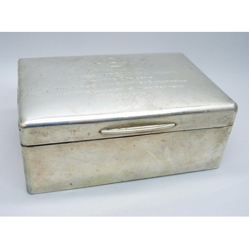 926 - A silver cigarette box with marriage dedication to the lid, 359g gross weight