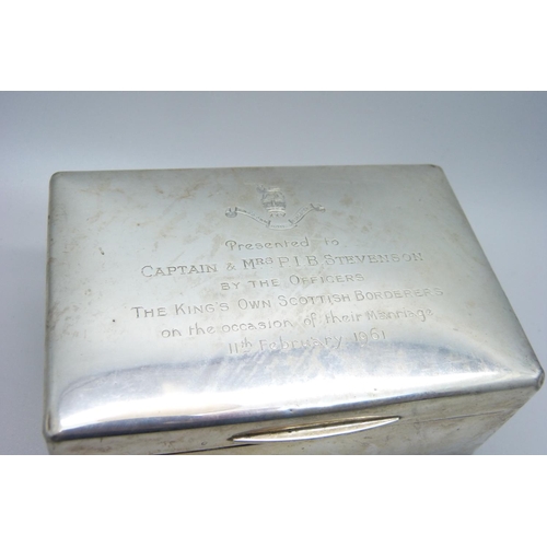 926 - A silver cigarette box with marriage dedication to the lid, 359g gross weight