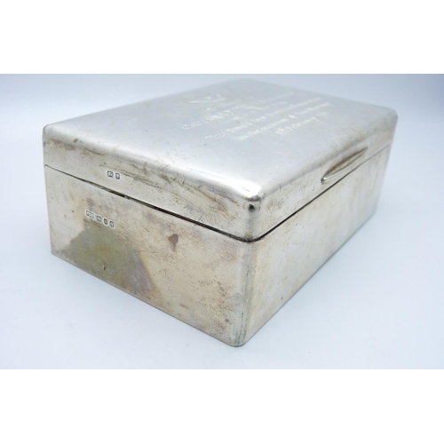 926 - A silver cigarette box with marriage dedication to the lid, 359g gross weight