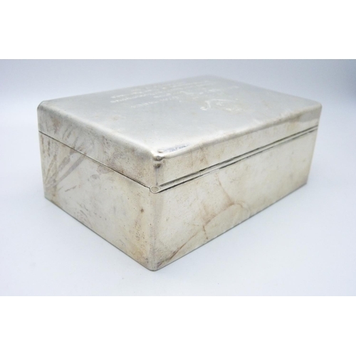 926 - A silver cigarette box with marriage dedication to the lid, 359g gross weight