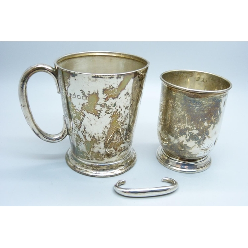 927 - A silver mug, with 'Peter' inscription and one other silver mug, handle a/f, 165g