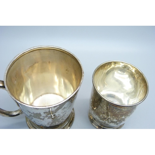 927 - A silver mug, with 'Peter' inscription and one other silver mug, handle a/f, 165g