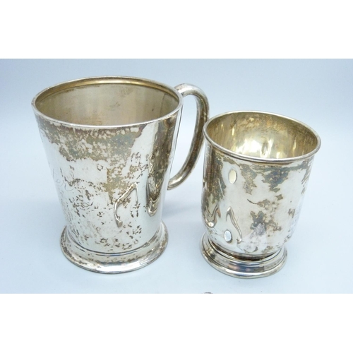 927 - A silver mug, with 'Peter' inscription and one other silver mug, handle a/f, 165g