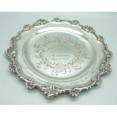 941 - A small silver card tray with presentation inscription dated 1859, 187g