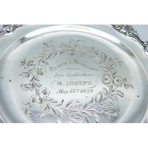 941 - A small silver card tray with presentation inscription dated 1859, 187g