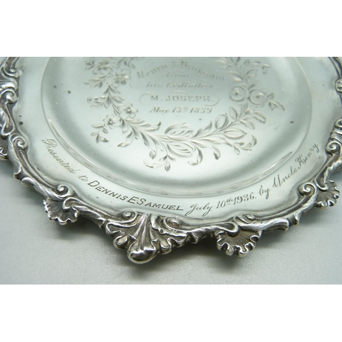 941 - A small silver card tray with presentation inscription dated 1859, 187g