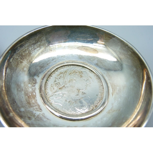 943 - A small plated dish with Mother Theresa coin inset and a silver Yorkshire Rose dish, 97g