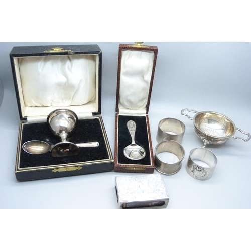 946 - A silver spoon and silver egg cup (not matching hallmarks), a silver nursery rhyme spoon 'Mary Had A... 