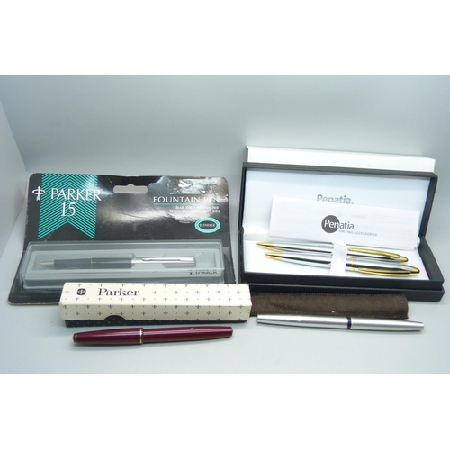 962 - A Parker ink pen, a Parker 15 fountain pen, still packaged, a Penatia pen set, boxed and a Pentel fi... 