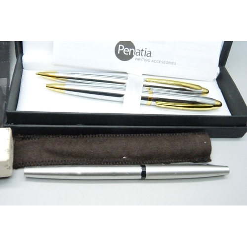 962 - A Parker ink pen, a Parker 15 fountain pen, still packaged, a Penatia pen set, boxed and a Pentel fi... 