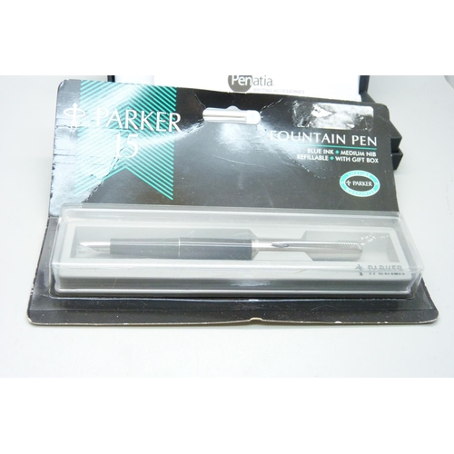 962 - A Parker ink pen, a Parker 15 fountain pen, still packaged, a Penatia pen set, boxed and a Pentel fi... 