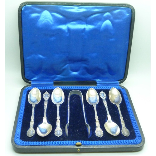 964 - A cased set of six silver spoons and sugar bows, 113g