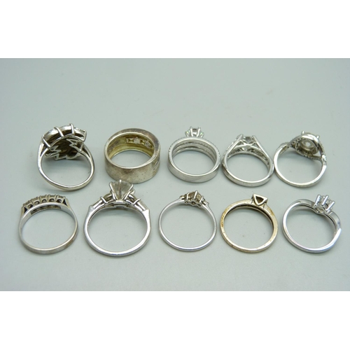 966 - Ten silver and white stone set rings, 32g