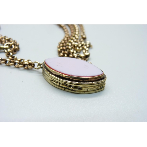 976 - A Victorian long guard chain with agate set locket