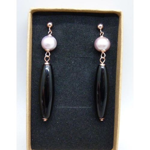 981 - A pair of silver gilt, onyx and pearl drop earrings, with certificate