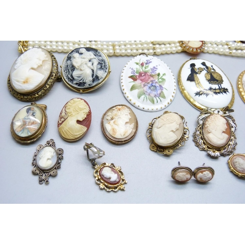 988 - A collection of cameo brooches, etc.