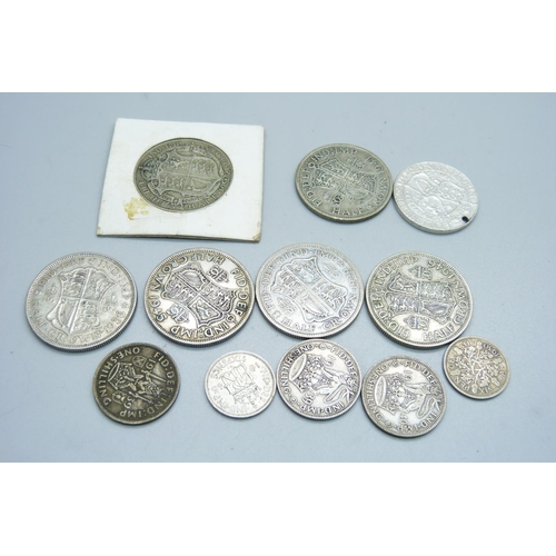 991 - Pre-1946 silver coins, 117g, (Victorian coin drilled)