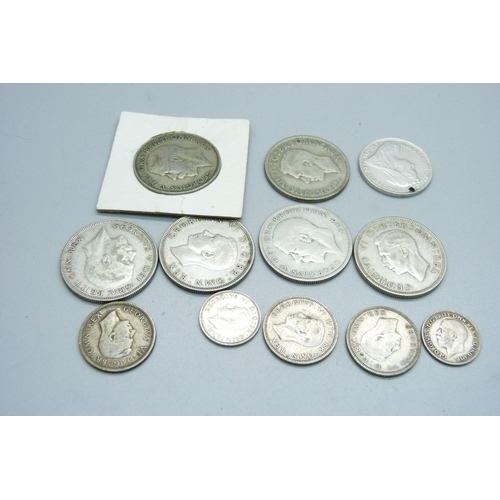 991 - Pre-1946 silver coins, 117g, (Victorian coin drilled)