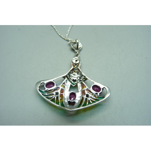 997 - A silver plique-a-jour and ruby pendant and chain