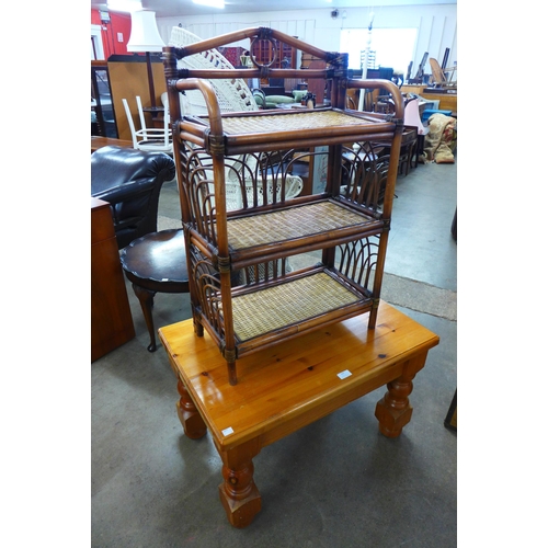 237 - A bamboo and wicker three tier etagere and a pine coffee table