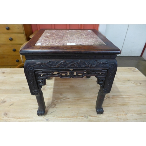 5 - An early 20th Century Chinese padouk wood and marble topped jardiniere stand