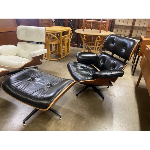 34 - A Ray & Charles Eames style simulated rosewood and black leather revolving lounge chair and ottoman