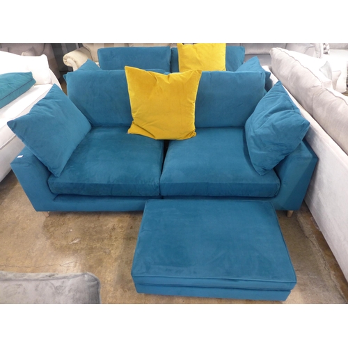 1356 - An Audrey teal velvet three seater sofa and footstool