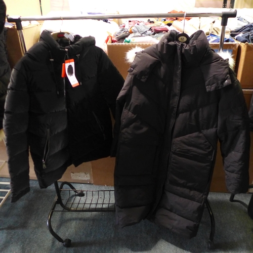 3038 - 2 Women's black DKNY hooded coats - mixed sizes/style * this lot is subject to VAT